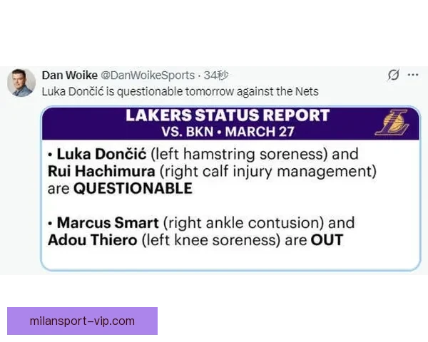 湖人篮网最新伤病动态东契奇出战成疑艾顿复出斯马特缺阵
